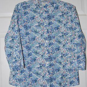 LL Bean 3/4 Sleeve Blouse Blue Floral Med Reg